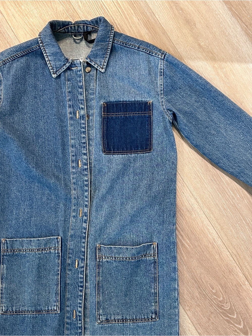 Topshop Blue Denim Long Jean Jacket with Patch Pocket